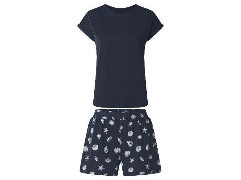 Donkerblauwe damestop met korte mouwen en short met schelp- en zeesterpatroon.