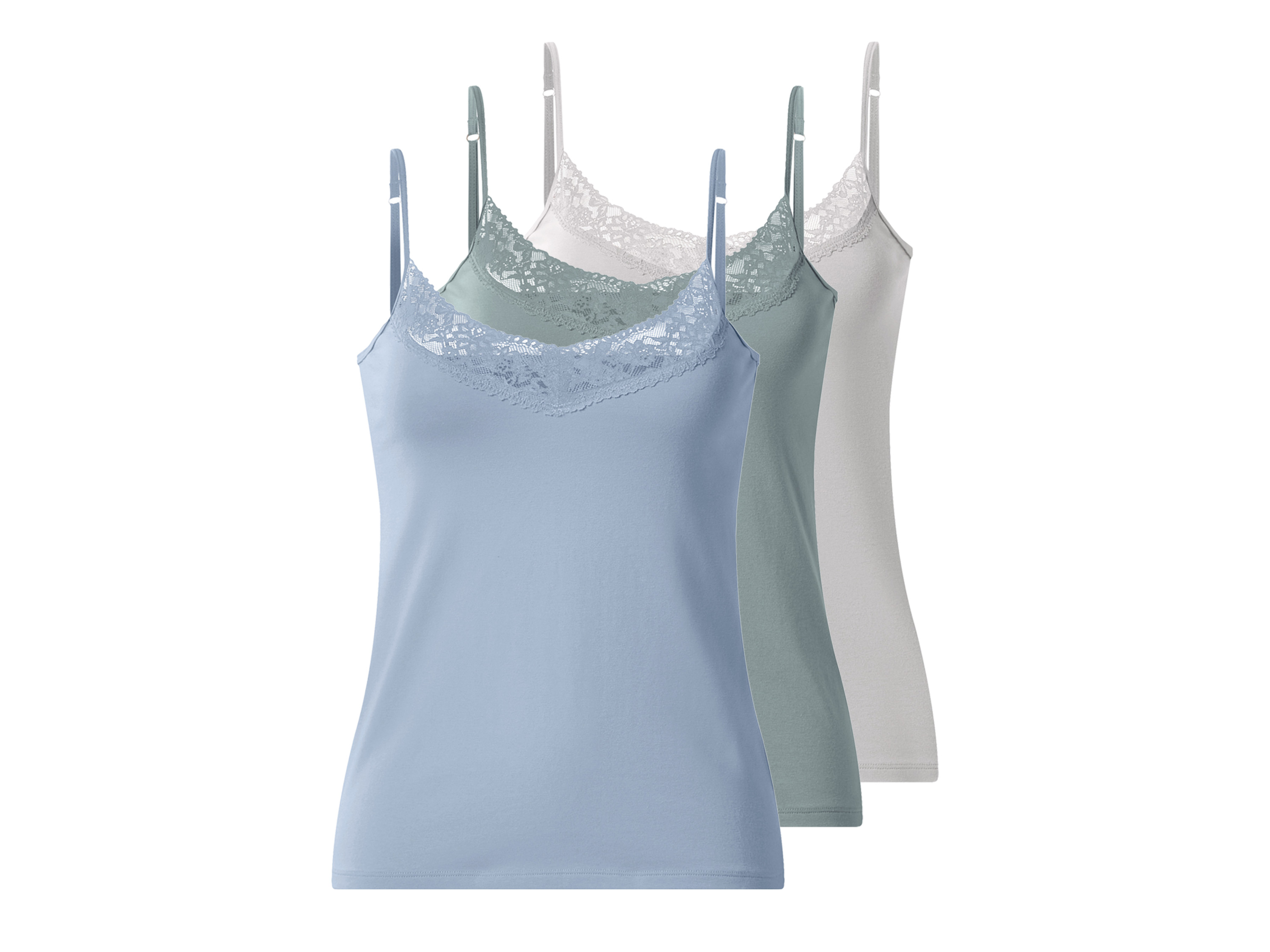 ESMARA Set van 3 dames spaghettitops met kant (groen/blauw/grijs, L (44/46))