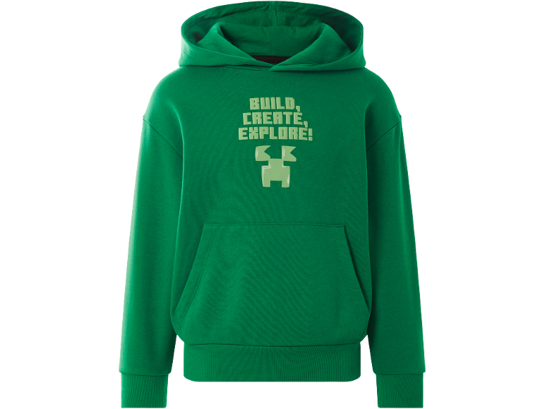 Groene kinderhoodie met de tekst Build, Create, Explore!