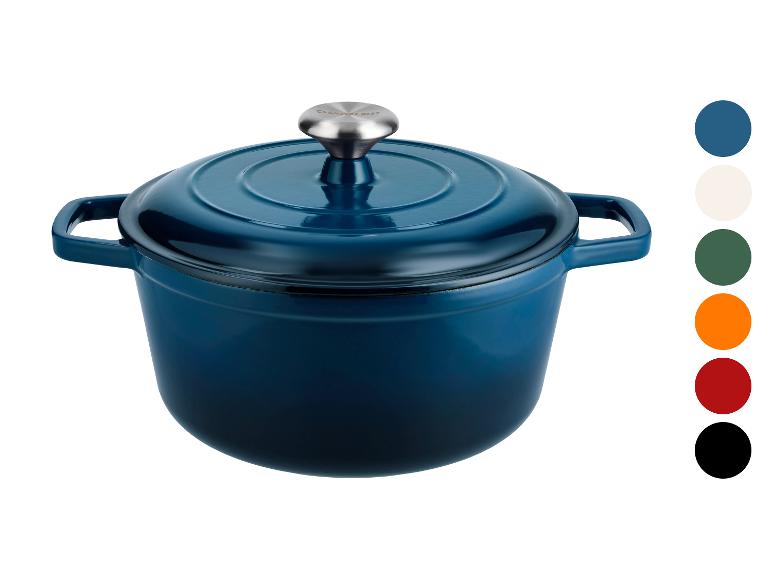 Blauwe gietijzeren braadpan met deksel en kleurkeuzes
