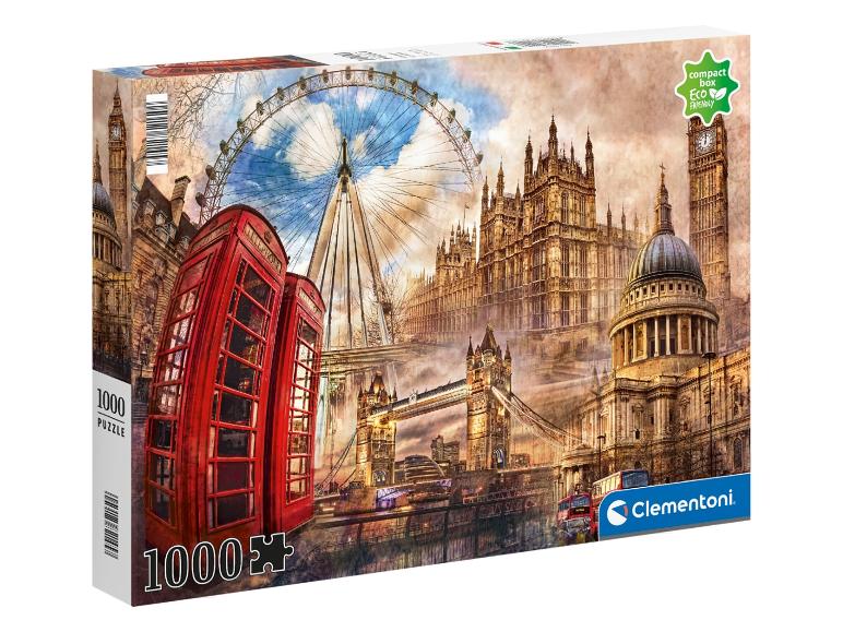 Een 1000-delige puzzel met afbeeldingen van de London Eye, de Tower Bridge en rode telefooncellen.