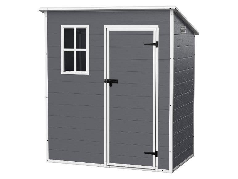 Grijze tuinschuur met wit raam en deur