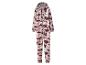 Dames fleece onesie met capuchon en camouflagepatroon in roze, grijs en wit.