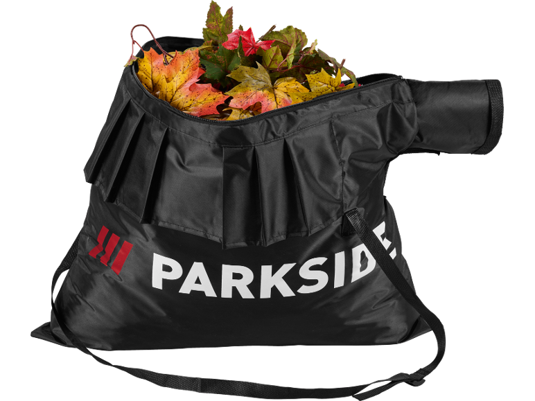 Zwarte bladopvangzak gevuld met kleurrijke herfstbladeren.