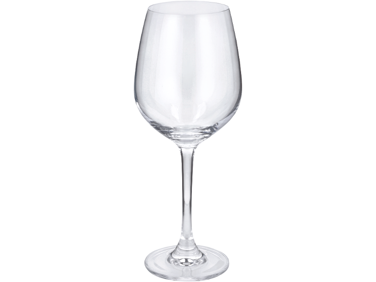 Helder wijnglas met steel, brede kelk en stevige voet.