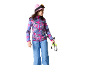 Meisje met roze muts, skibril, patroonjas en blauwe broek, met skistokken.