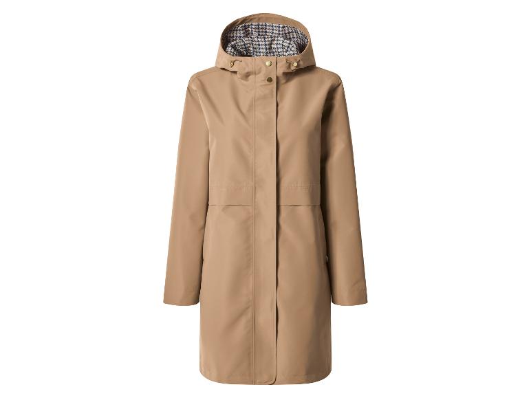 Beige damesregenjas met capuchon en pied-de-poule voering.