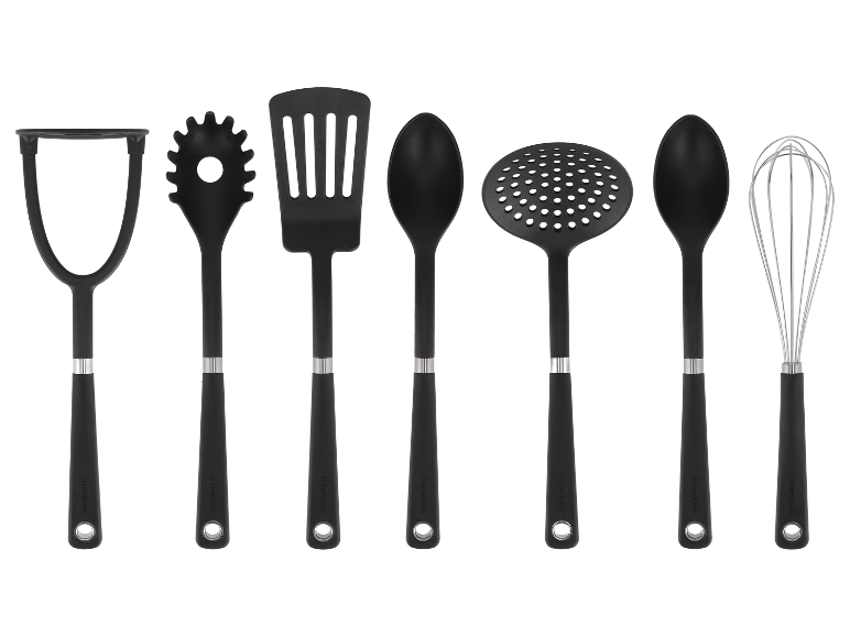 SilverCrest keukengereiset: aardappelstamper, spaghettiserver, spatel, lepel, schuimspaan en garde.