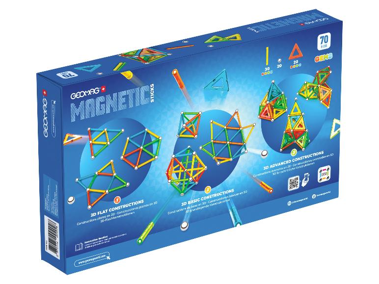 Magnetische bouwset met 70 onderdelen, toont 2D platte, 3D basis en 3D geavanceerde constructies.