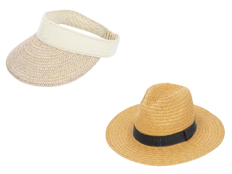 Beige strooien zonneklep en strooien hoed met zwarte band
