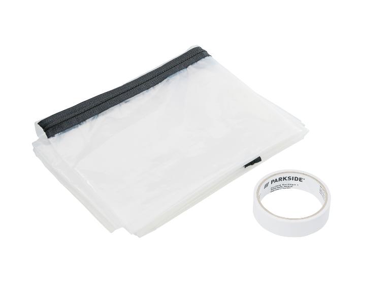 PARKSIDE transparante plastic zakken met rits en een rol witte tape.