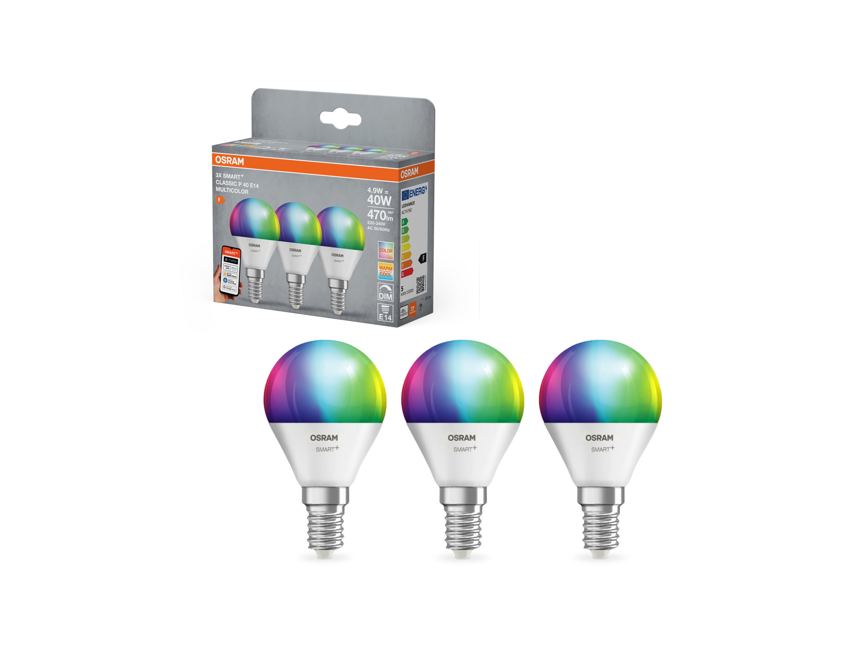 OSRAM Set van 3 slimme LED-lampen Smart Mat (P40, E14, 2700 K, RGBW)