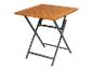 Opvouwbare tafel met houten blad en metalen frame.