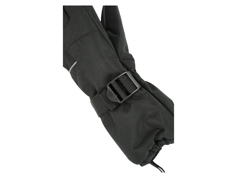 Zwarte winterhandschoen met verstelbare riem en trekkoord.