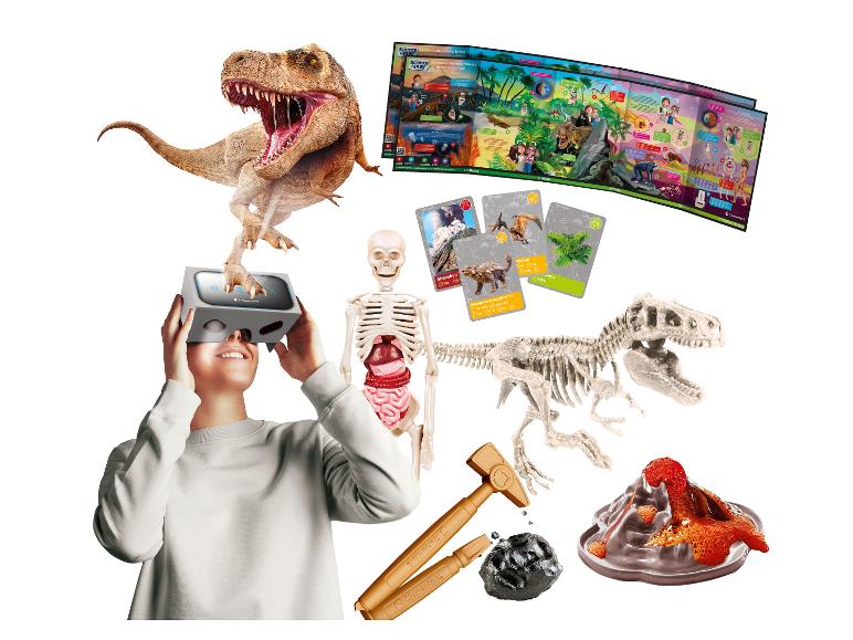 Clementoni wetenschapskit met dinosaurus, skelet, VR en vulkaan, voor het verkennen van de aardgeschiedenis.