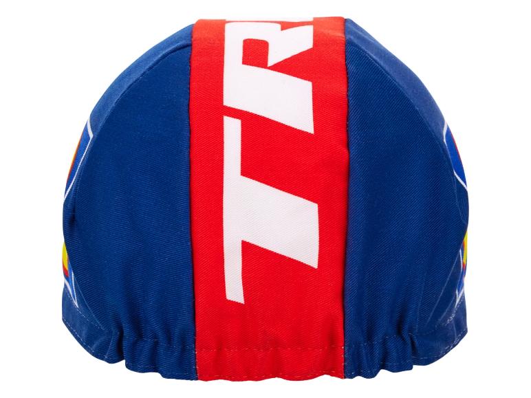 Blauw-rode fietsmuts met TR logo.