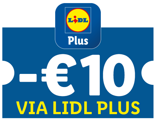Blauwe badge met app-logo en '-€10 VIA PLUS' in geel.