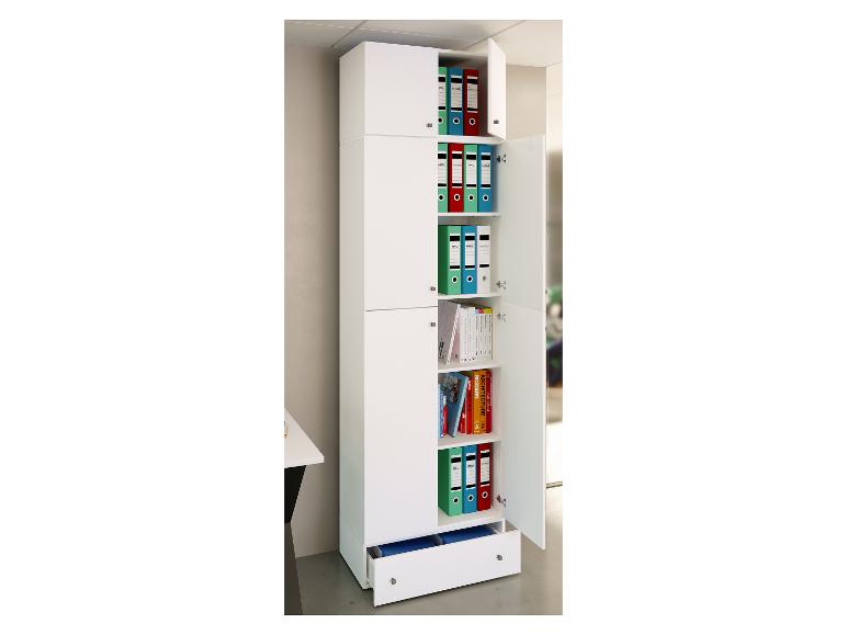 Witte kantoorkast met kleurrijke mappen en boeken, met een open lade.