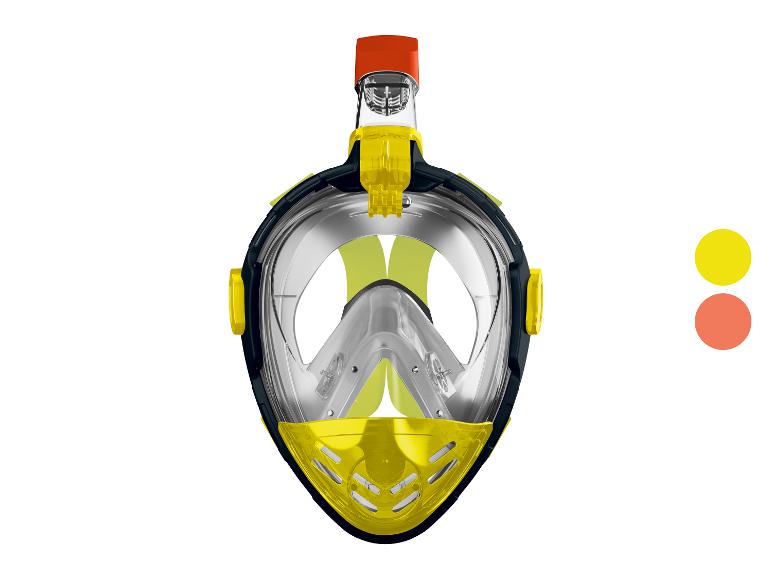 Volgelaats snorkelmasker in geel en zwart met een oranje snorkelbovenkant.