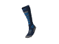 Donkerblauwe compressiesok met grijze en lichtblauwe details, met het woord 'RIVIT'.