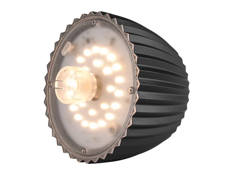 LED-spotlight met een zwart geribbeld lichaam en een transparante kap met veel LED-lampen.