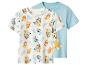 Twee kindershirts, één wit met Bluey & Bingo patroon, één effen lichtblauw.