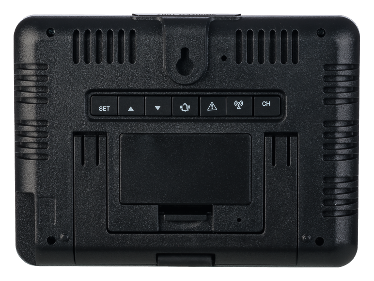 Zwarte digitale thermometer met knoppen en batterijvak.