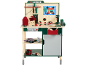 Houten speelgoedwerkbank met gereedschap, waaronder een boormachine, hamer en diverse moeren en bouten.