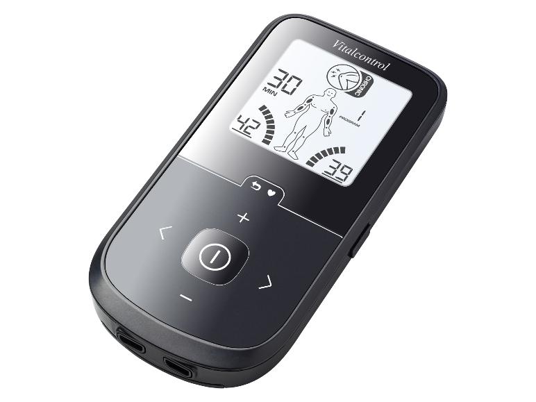 Zwart Vitalcontrol TENS/EMS-apparaat met digitaal scherm en bedieningsknoppen.