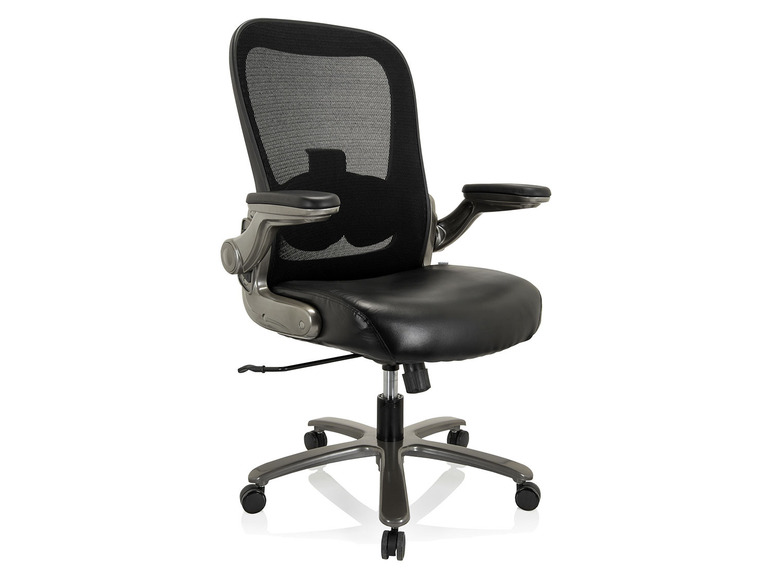 Zwarte bureaustoel met mesh rugleuning en armleuningen.