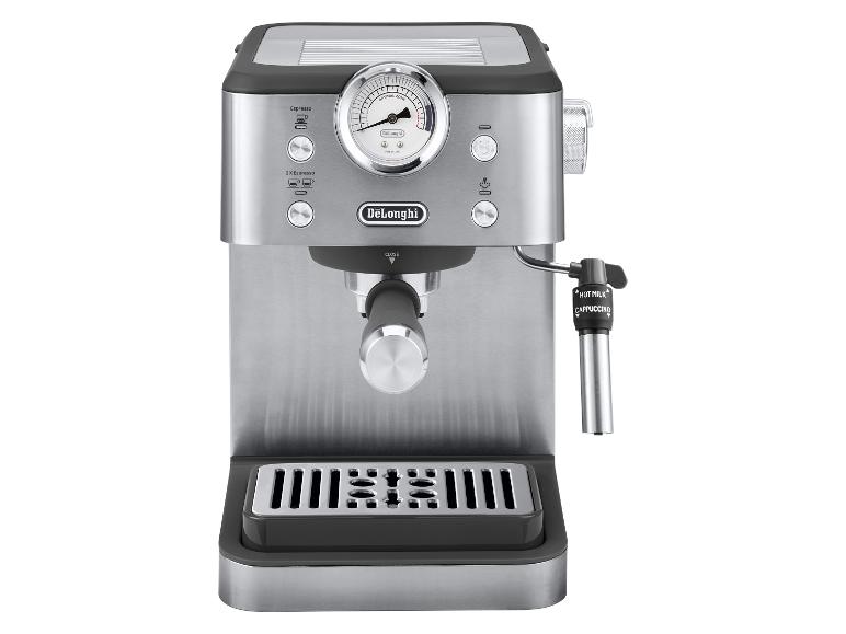 DeLonghi roestvrijstalen espressomachine met drukmeter en melkopschuimer.