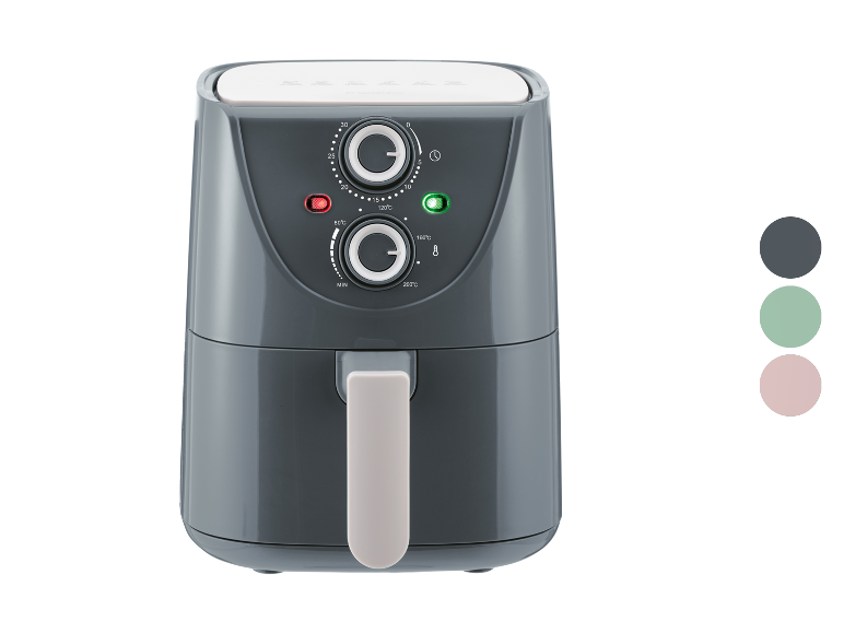Een grijze airfryer met drie kleuropties.