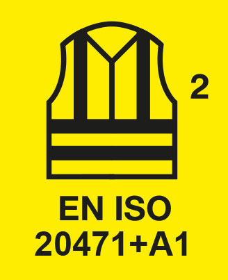 EN ISO 20471+A1, klasse 2 label voor een veiligheidsvest.