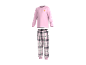 Roze pyjamatop met lange mouwen en croissantafbeelding en geruite pyjamabroek.