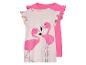 Twee meisjes shirts: een lichtroze met roze flamingo print, een effen roze.