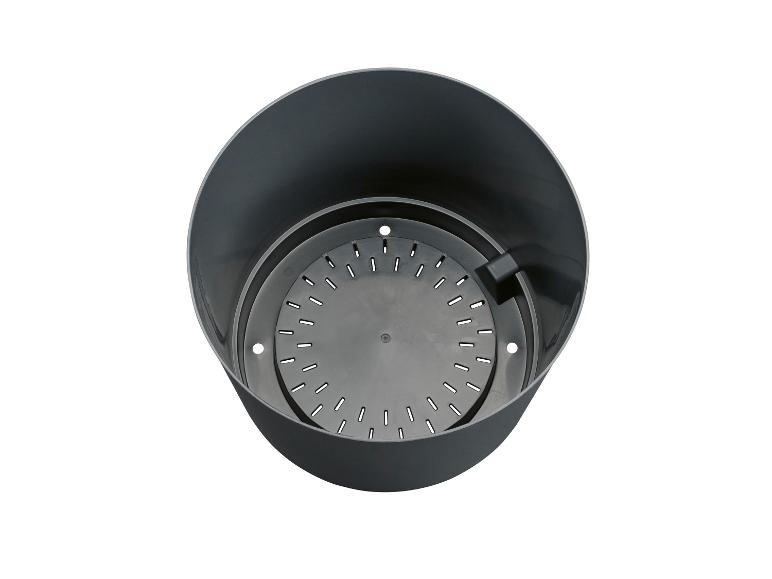 Donkergrijze plastic plantenbak met drainage-inzet, van bovenaf gezien.