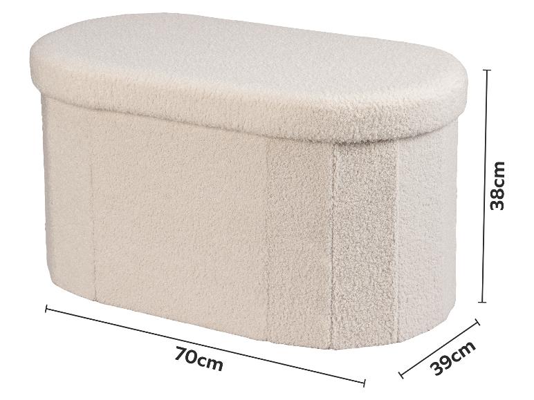 Beige, ovale poef met pluizige textuur, afmetingen 70x39x38 cm