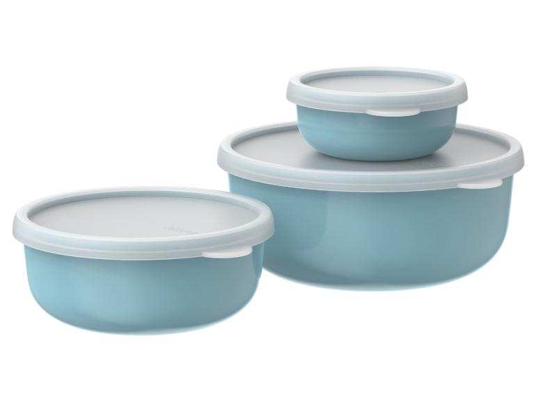 Set van drie lichtblauwe ronde voedselcontainers met witte deksels, in verschillende maten.
