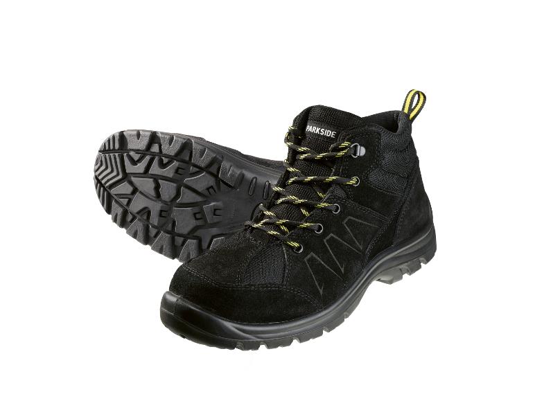 Parkside werkschoenen van zwart suède met geelgroene veters.