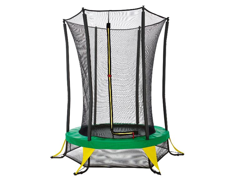 Een trampoline met een groene springmat en een zwart veiligheidsnet.