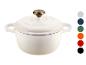 Witte gietijzeren braadpan met messing knop, getoond met kleurstalen.