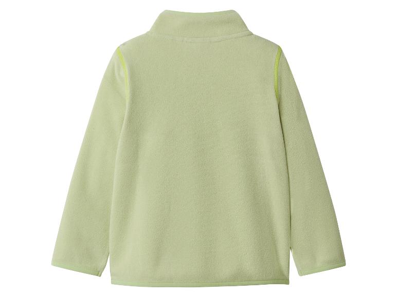 Lichtgroene fleecetrui met hoge kraag en contrasterende stiksels.