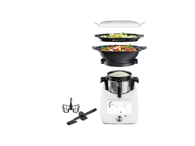 Keukenmachine met stoomkoker, rijstkom en kookaccessoires.