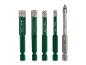 Set van vijf boren: vier groene diamantboren (10mm, 8mm, 6mm, 5mm) en één grijze tegelboor (6mm, MAX 1100RPM).
