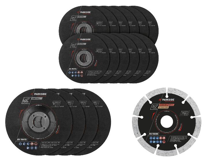 Assortiment snij- en slijpschijven voor metaal en metselwerk, met diverse maten en specificaties.