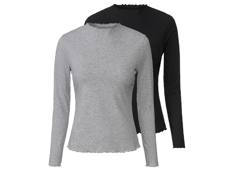 esmara 2 dames geribde shirts (XS (32/34), Zwart/grijs)