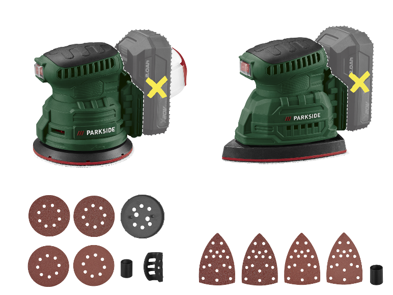 Twee draadloze schuurmachines met diverse schuurpads en accessoires.