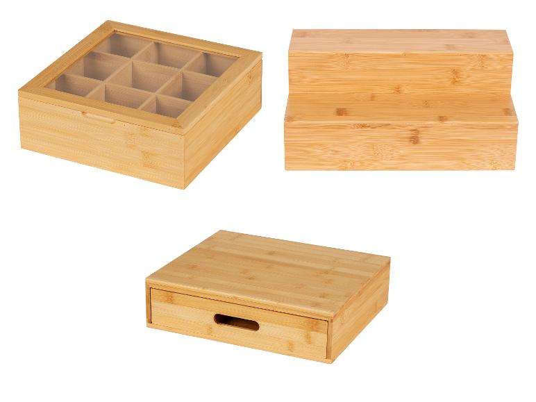Bamboe opbergdozen en -rekken:  theedoos met vakjes, twee niveaus rek en doos met lade.