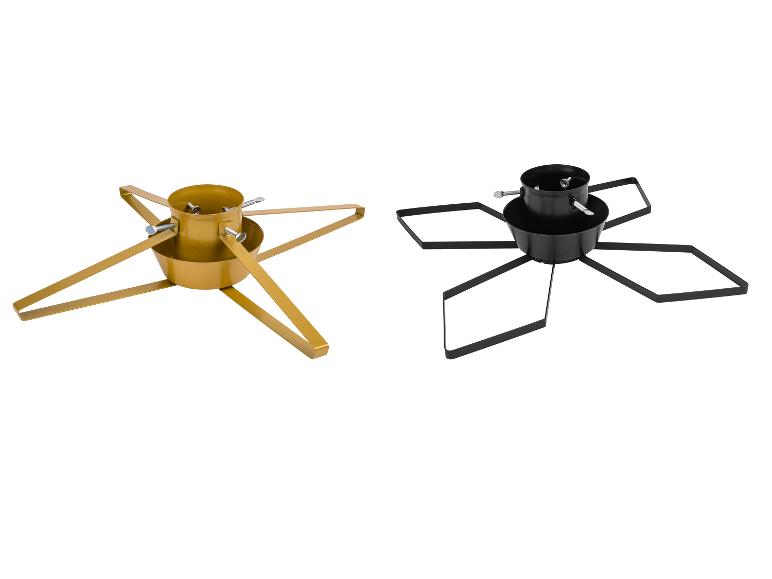 Twee kerstboomstandaarden, één goud en één zwart.