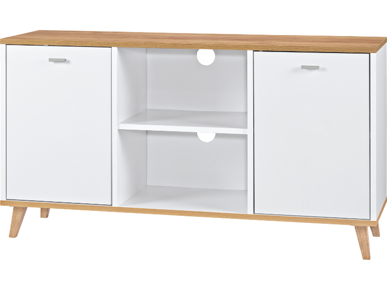 Wit en lichtbruin tv-meubel met twee kasten en open planken